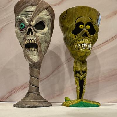 Halloween Collection: 4 Skeleton Plastic Goblets, 2 Woodland Fairy Dolls, 1 Bobble Head & a Pumpkin Necklace