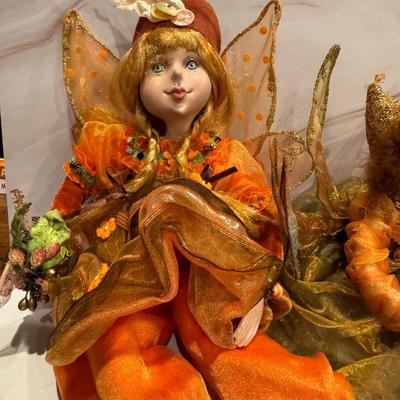 Halloween Collection: 4 Skeleton Plastic Goblets, 2 Woodland Fairy Dolls, 1 Bobble Head & a Pumpkin Necklace