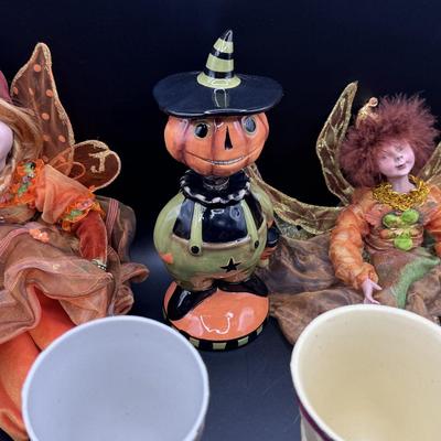 Halloween Collection: 4 Skeleton Plastic Goblets, 2 Woodland Fairy Dolls, 1 Bobble Head & a Pumpkin Necklace