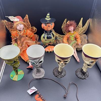 Halloween Collection: 4 Skeleton Plastic Goblets, 2 Woodland Fairy Dolls, 1 Bobble Head & a Pumpkin Necklace