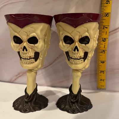 Halloween Collection: 4 Skeleton Plastic Goblets, 2 Woodland Fairy Dolls, 1 Bobble Head & a Pumpkin Necklace