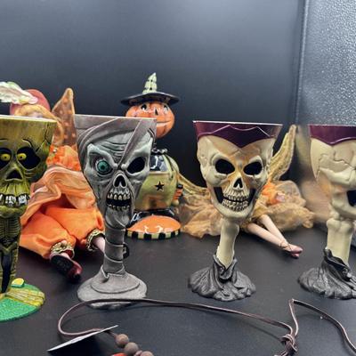 Halloween Collection: 4 Skeleton Plastic Goblets, 2 Woodland Fairy Dolls, 1 Bobble Head & a Pumpkin Necklace