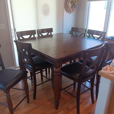 VERY NICE COUNTER HEIGHT DINING TABLE W/BUTTERFLY LEAF AND 8 CHAIRS