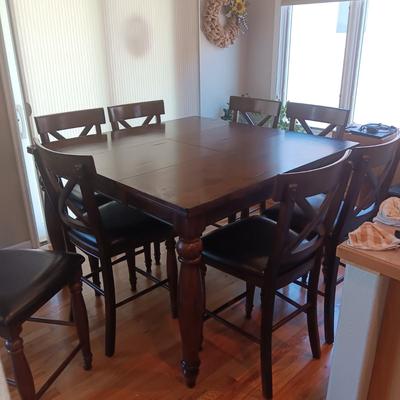 VERY NICE COUNTER HEIGHT DINING TABLE W/BUTTERFLY LEAF AND 8 CHAIRS