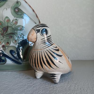 BIRD FIGURINES AND A CLAY VASE WITH BIRDS