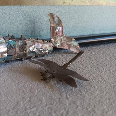 ABALONE HINGED FISH AND 2 BRASS BUGS