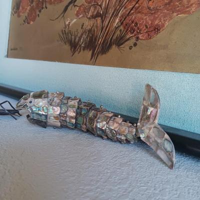 ABALONE HINGED FISH AND 2 BRASS BUGS