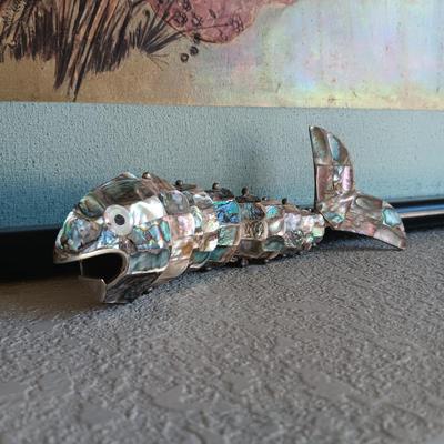 ABALONE HINGED FISH AND 2 BRASS BUGS