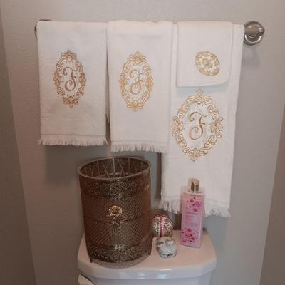 GUEST TOWELS, GOLD-TONE METAL WASTE CAN AND MORE