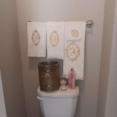 GUEST TOWELS, GOLD-TONE METAL WASTE CAN AND MORE