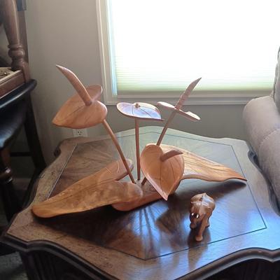 MID-CENTURY WOODEN LEAF SCULPTURE AND A WOODEN ELEPHANT