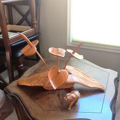 MID-CENTURY WOODEN LEAF SCULPTURE AND A WOODEN ELEPHANT