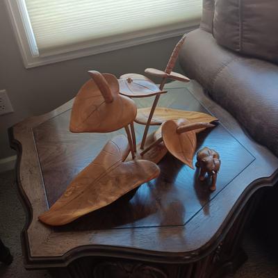 MID-CENTURY WOODEN LEAF SCULPTURE AND A WOODEN ELEPHANT