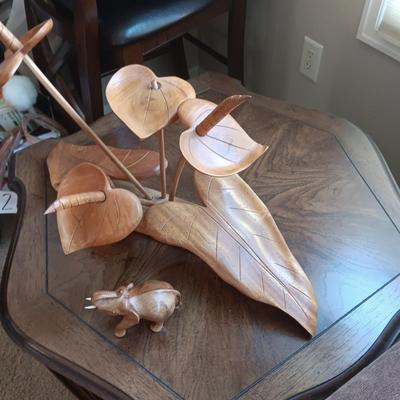 MID-CENTURY WOODEN LEAF SCULPTURE AND A WOODEN ELEPHANT