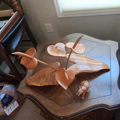 MID-CENTURY WOODEN LEAF SCULPTURE AND A WOODEN ELEPHANT