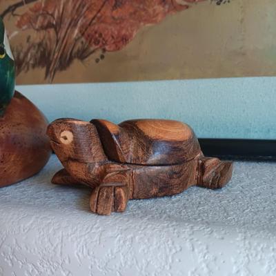 HAND CARVED DUCK FROM ESTES PARK AND A CARVED TURTLE