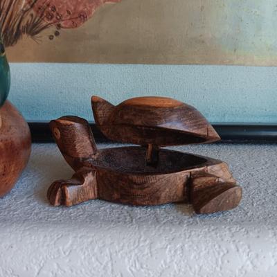HAND CARVED DUCK FROM ESTES PARK AND A CARVED TURTLE