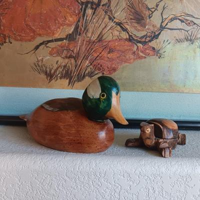 HAND CARVED DUCK FROM ESTES PARK AND A CARVED TURTLE