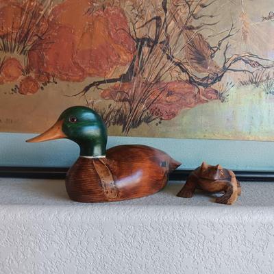 HAND CARVED DUCK FROM ESTES PARK AND A CARVED FROG