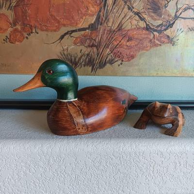 HAND CARVED DUCK FROM ESTES PARK AND A CARVED FROG
