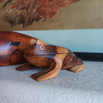 HAND CARVED DUCK FROM ESTES PARK AND A CARVED FROG