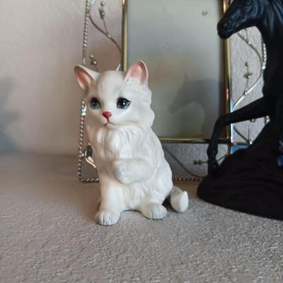 LEFTON CAT, HANDCRAFTED CERAMIC HORSE AND A GLASS FRAME
