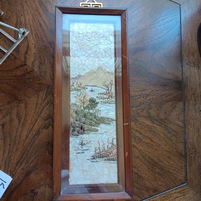 PICTURE MADE FROM SEA SHELLS AND AN ASIAN THEMED FIGURINE