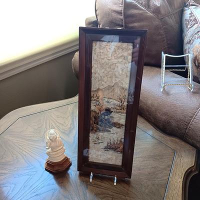 PICTURE MADE FROM SEA SHELLS AND AN ASIAN THEMED FIGURINE