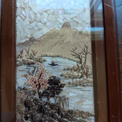 PICTURE MADE FROM SEA SHELLS AND AN ASIAN THEMED FIGURINE