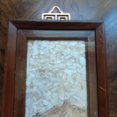 PICTURE MADE FROM SEA SHELLS AND AN ASIAN THEMED FIGURINE