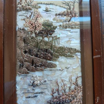 PICTURE MADE FROM SEA SHELLS AND AN ASIAN THEMED FIGURINE