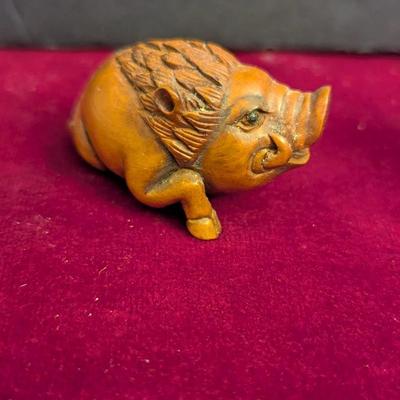 Hand Carved Boxwood Netsuke Boar #94