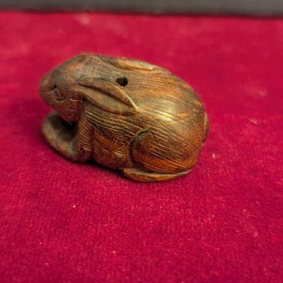 Hand Carved Boxwood Netsuke Rabbit & Momma Elephant With Baby #99