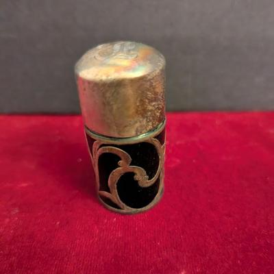 Vintage Glass Perfume Bottle Emerald Green Sterling Silver Overlay #106