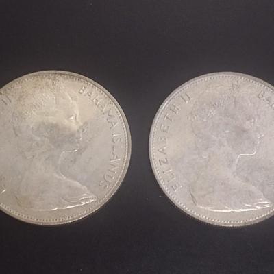Set of Two 1966 Elizabeth II Bahama Islands $5 Silver Coins Circulated 39 grams Each Coin (#33)