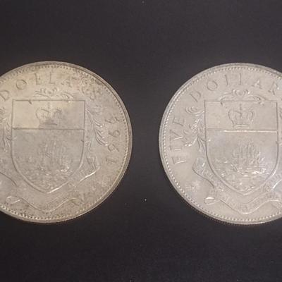 Set of Two 1966 Elizabeth II Bahama Islands $5 Silver Coins Circulated 39 grams Each Coin (#33)