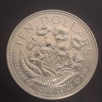 1975 Commonwealth of Bahamas Anniversary of Independance $10 Silver Coin Circulated (#35)