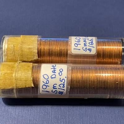(2) 1960-P SMALL DATE CHOICE RED BU LINCOLN CENT ROLLS AS PICTURED. (100 COINS)