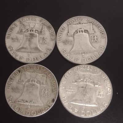 Set of Four US Mint Franklin Silver Half Dollars Various Dates Circulated (#72)
