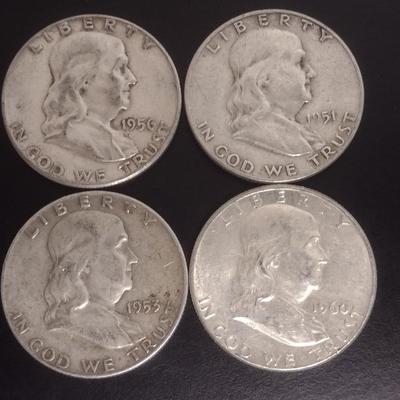 Set of Four US Mint Franklin Silver Half Dollars Various Dates Circulated (#72)