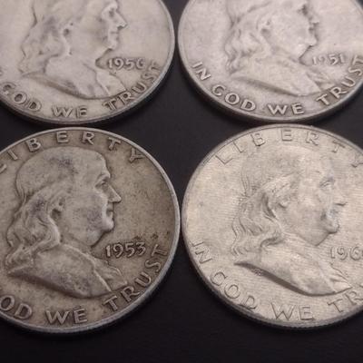 Set of Four US Mint Franklin Silver Half Dollars Various Dates Circulated (#72)