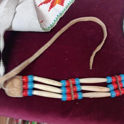 NATIVE AMERICAN CRAFTED HAND BEADED AND SEWN LEATHER BELT PLUS MORE