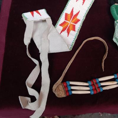 NATIVE AMERICAN CRAFTED HAND BEADED AND SEWN LEATHER BELT PLUS MORE