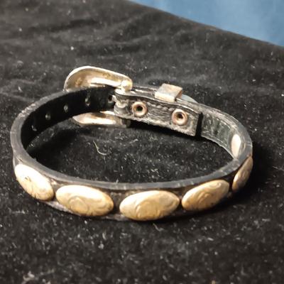 SILVER PLATE ON BRONZE BELT BUCKLE AND LEATHER W/CONCHO BRACELET