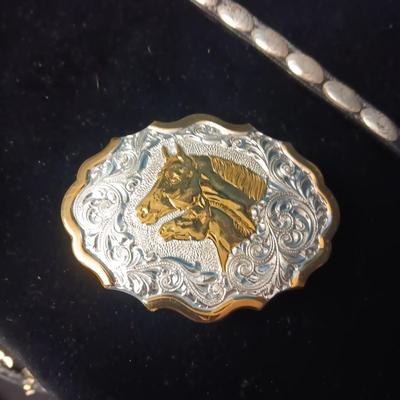 SILVER PLATE ON BRONZE BELT BUCKLE AND LEATHER W/CONCHO BRACELET