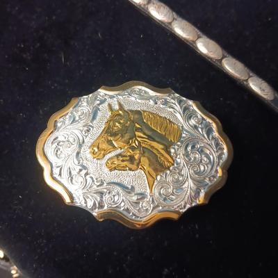 SILVER PLATE ON BRONZE BELT BUCKLE AND LEATHER W/CONCHO BRACELET