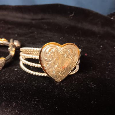 SILVER PLATED HEART CUFF BRACELET AND LEATHER BRACELET WITH METAL CONCHOS