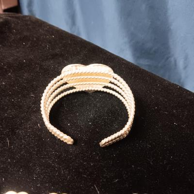 SILVER PLATED HEART CUFF BRACELET AND LEATHER BRACELET WITH METAL CONCHOS