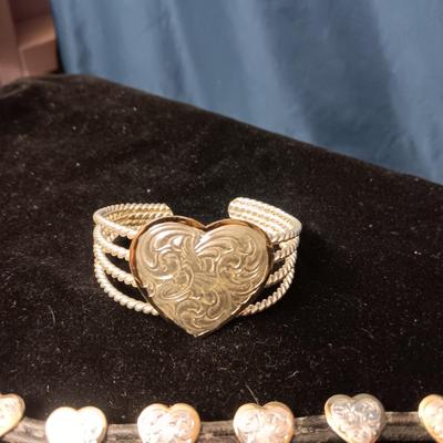 SILVER PLATED HEART CUFF BRACELET AND LEATHER BRACELET WITH METAL CONCHOS
