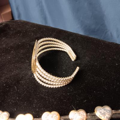 SILVER PLATED HEART CUFF BRACELET AND LEATHER BRACELET WITH METAL CONCHOS